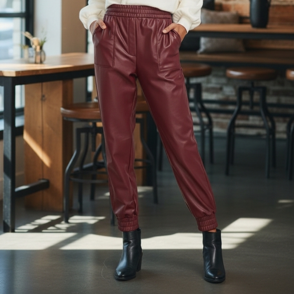 Express Burgandy Faux Leather Joggers, Size M